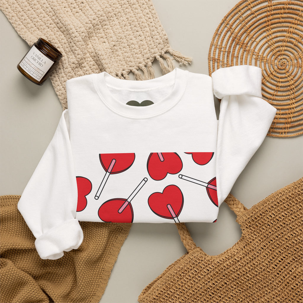 Heart Lollipop Crewneck Sweatshirt — Cute Cherry Lollipop Pattern for Valentine’s Day