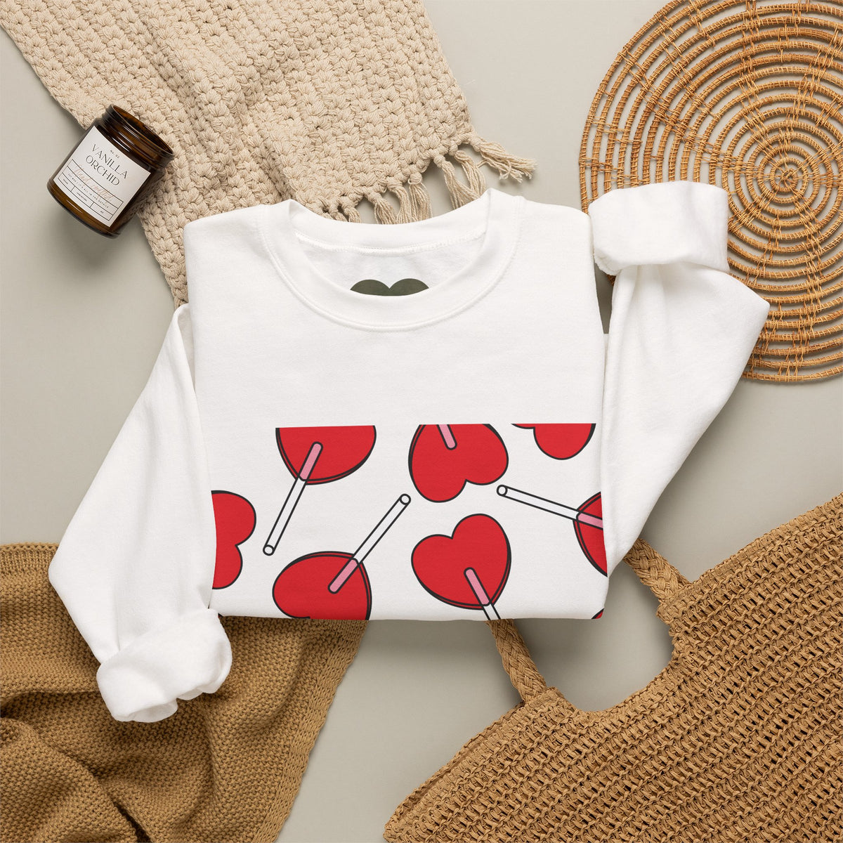 Heart Lollipop Crewneck Sweatshirt — Cute Cherry Lollipop Pattern for Valentine’s Day