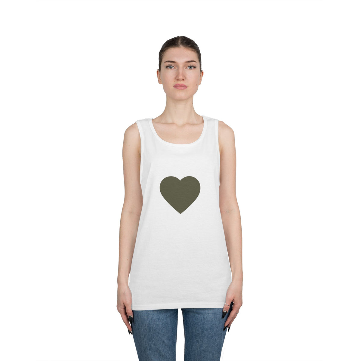 Minimal Olive Heart Tank Top - Simple Graphic Love Sleeveless Tee