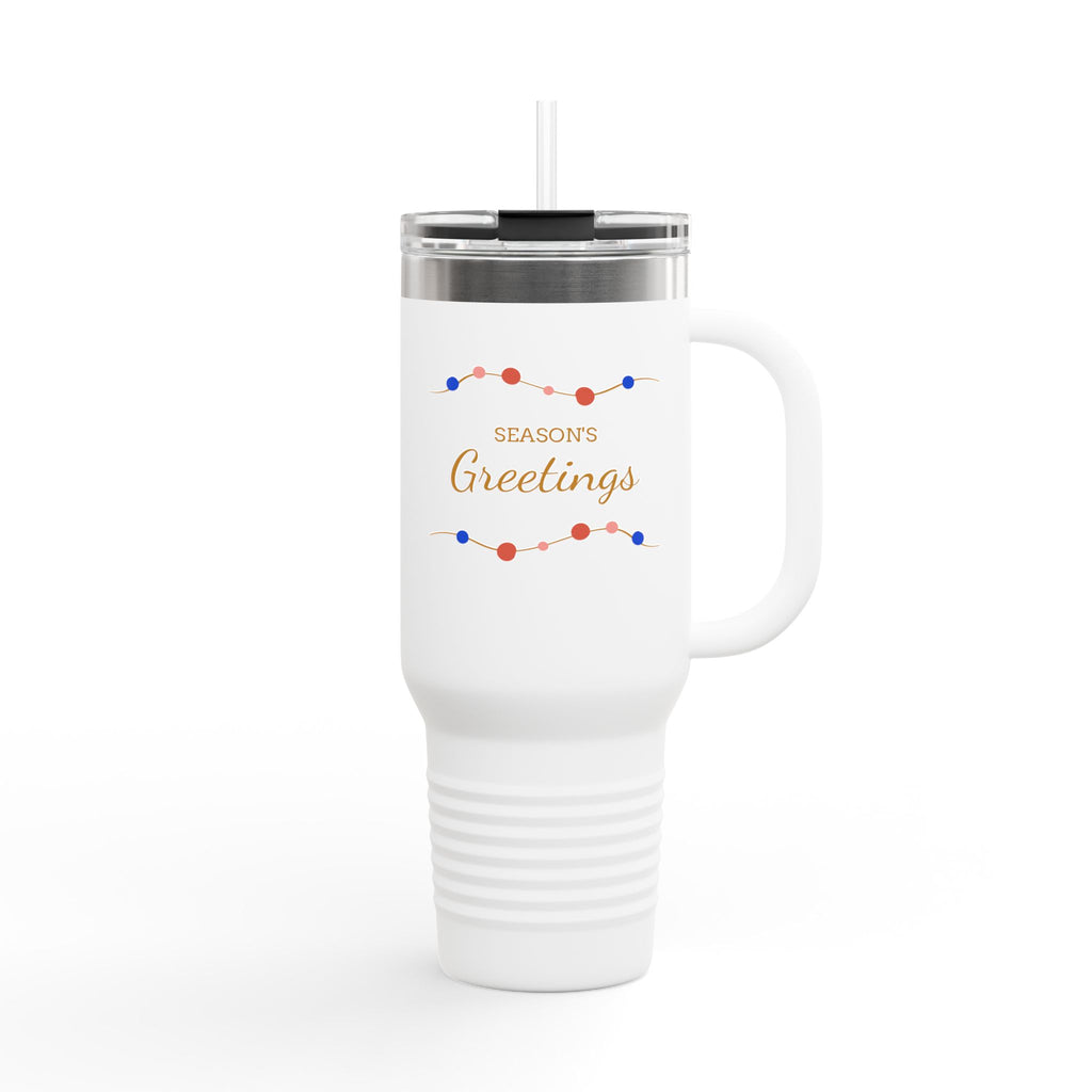 40oz Insulated Travel Mug — 'Seasons Greetings' Holiday Tumbler with Handle & Straw