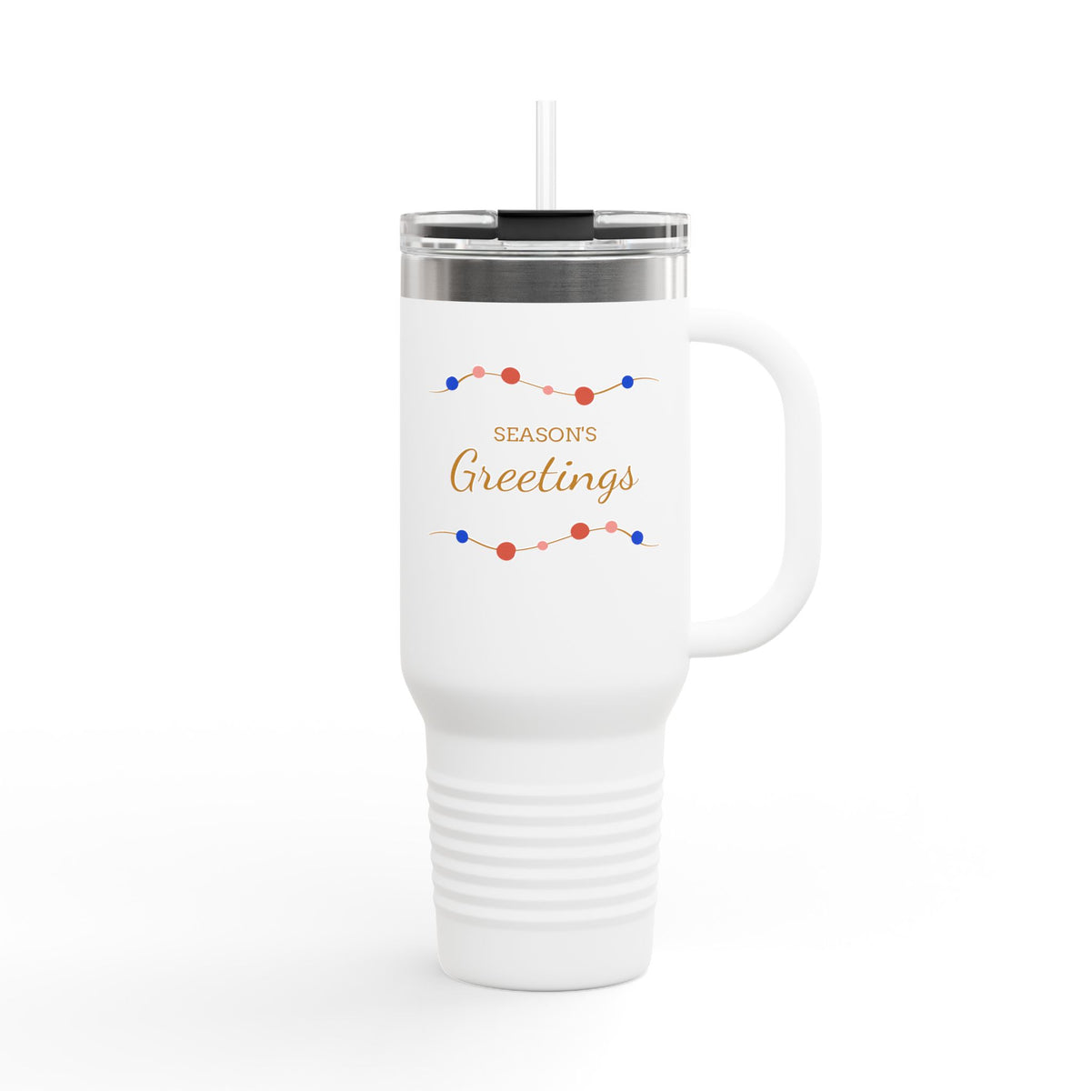 40oz Insulated Travel Mug — 'Seasons Greetings' Holiday Tumbler with Handle & Straw