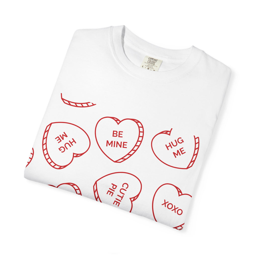 Conversation Heart Graphic T-Shirt — Red Candy Hearts “Be Mine / Miss You” Valentine Tee