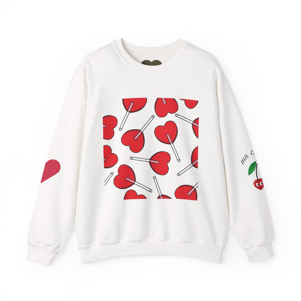 Heart Lollipop Crewneck Sweatshirt — Cute Cherry Lollipop Pattern for Valentine’s Day
