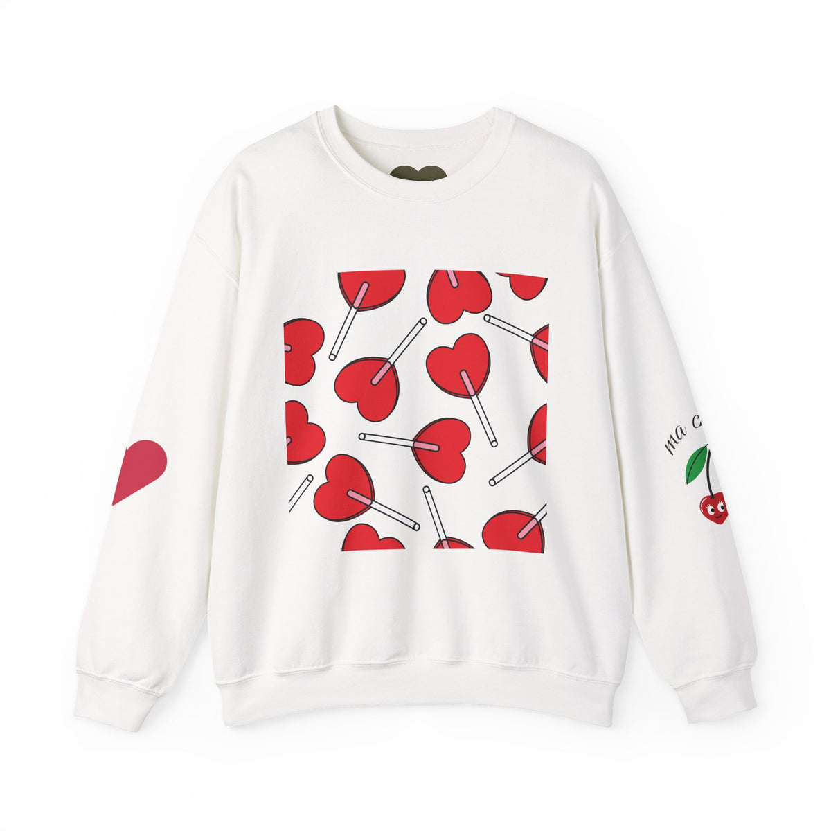 Heart Lollipop Crewneck Sweatshirt — Cute Cherry Lollipop Pattern for Valentine’s Day