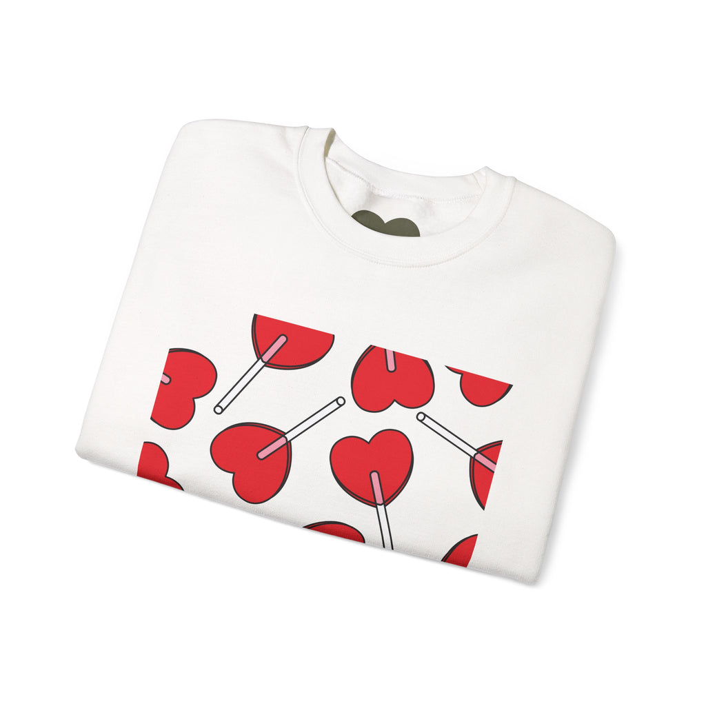 Heart Lollipop Crewneck Sweatshirt — Cute Cherry Lollipop Pattern for Valentine’s Day