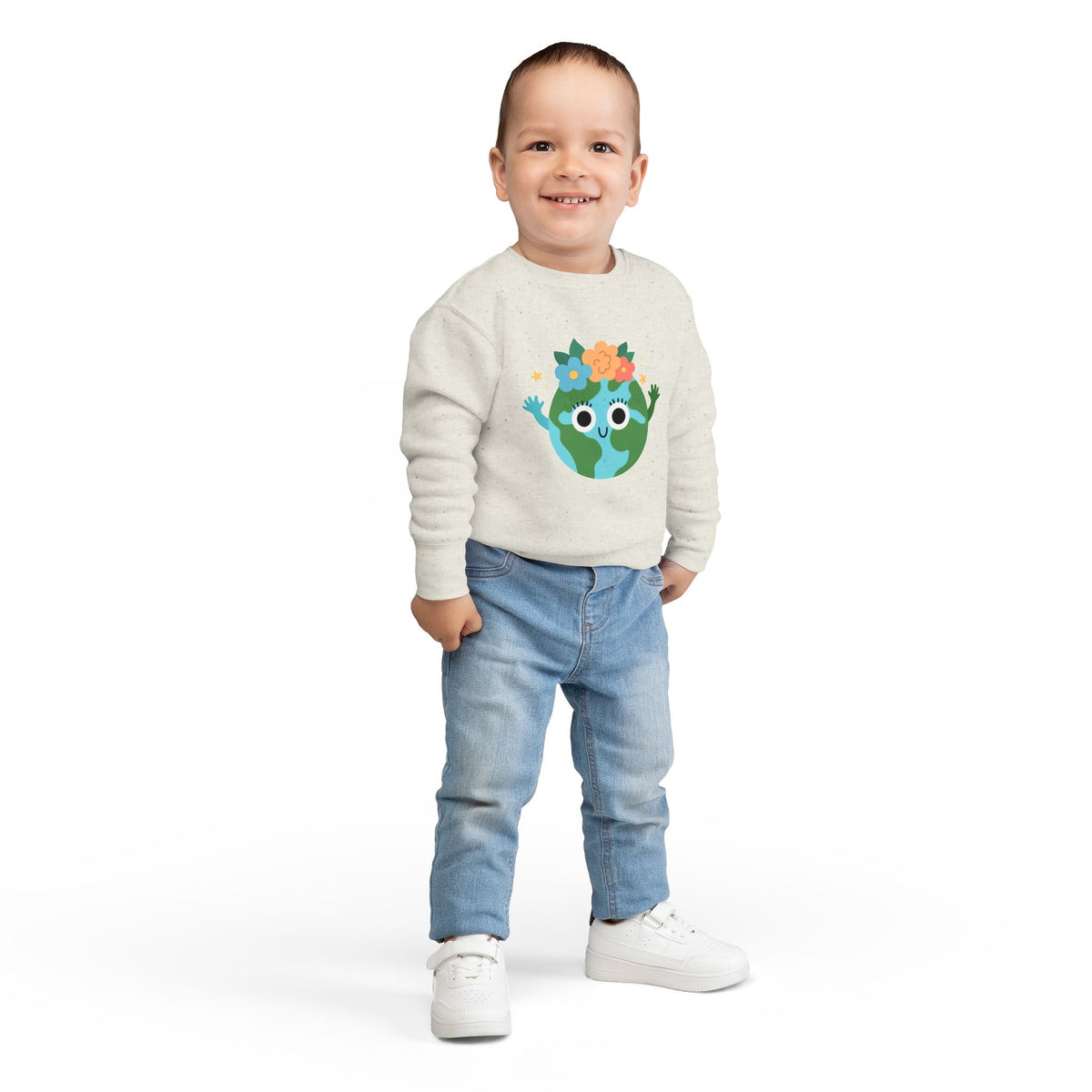 Kids Earth Day Sweatshirt — Cute Flower Crown Globe Toddler Top
