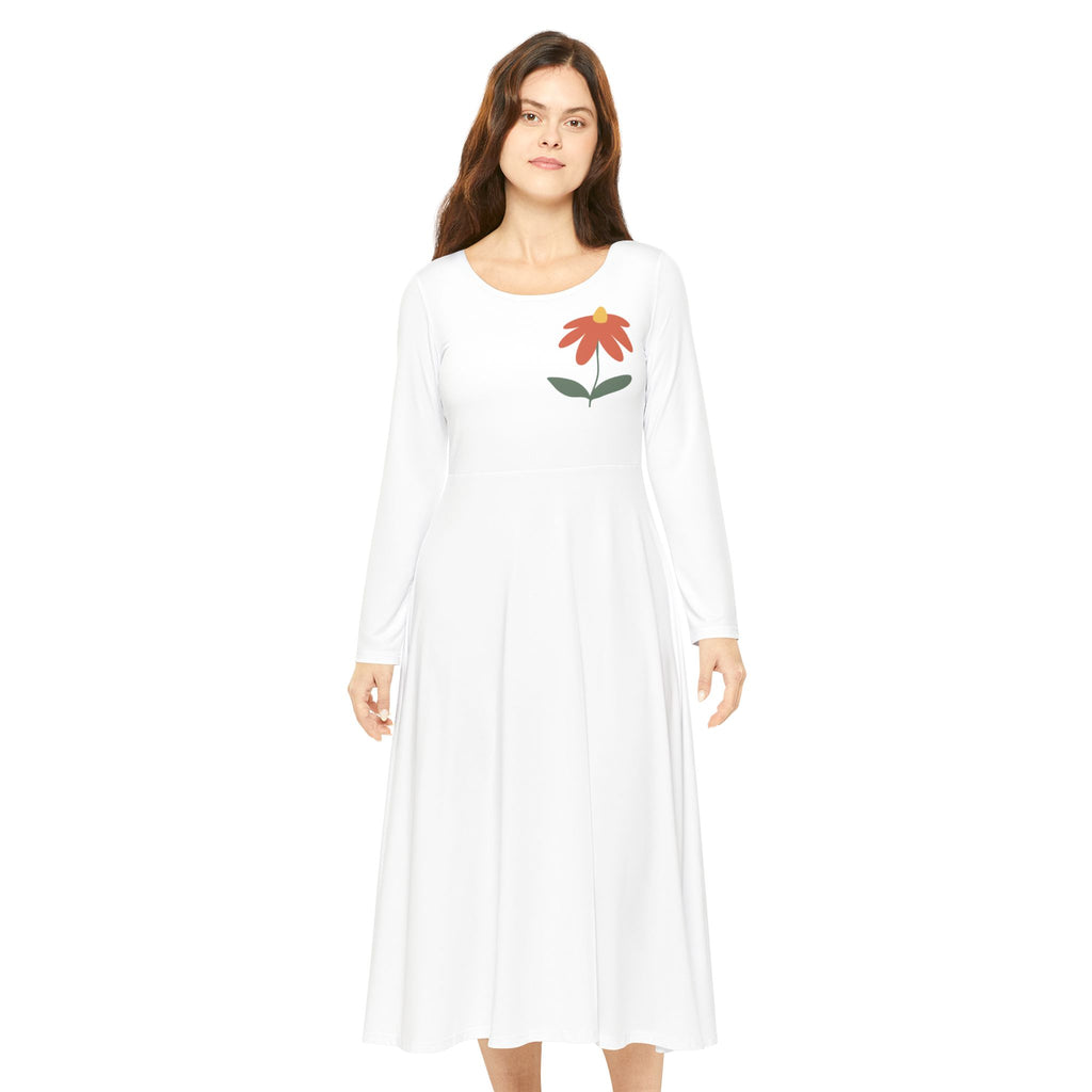 Floral Dance Dress — Long Sleeve A-Line Dress with Red Blossom