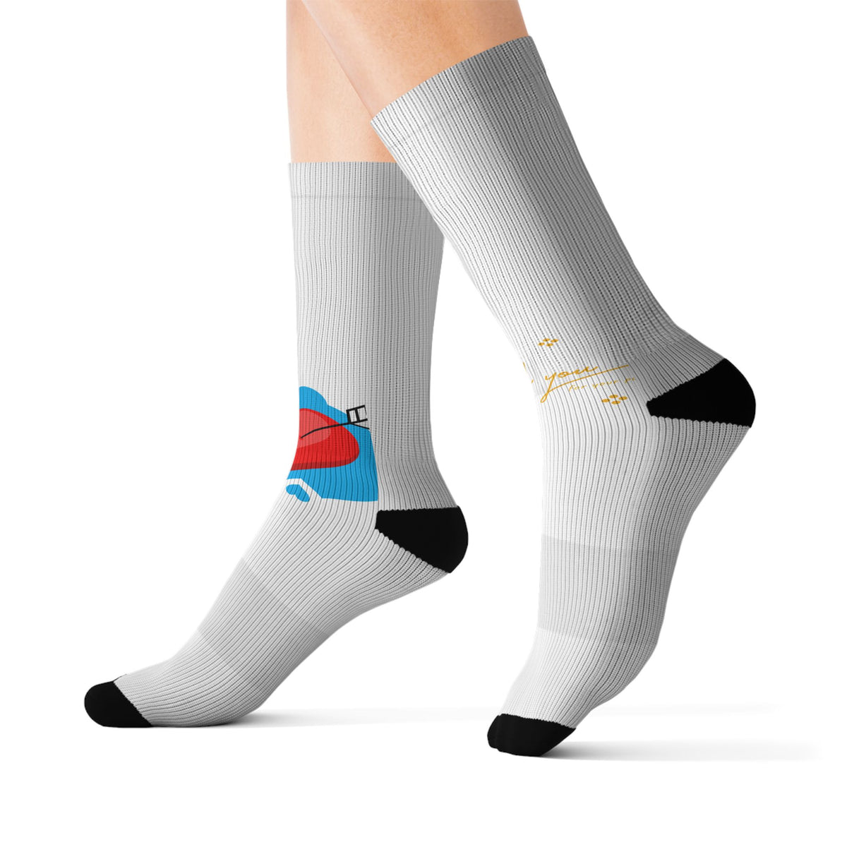 Gold Script Sublimation Socks — Custom White Crew Socks with Elegant Handwritten Accent