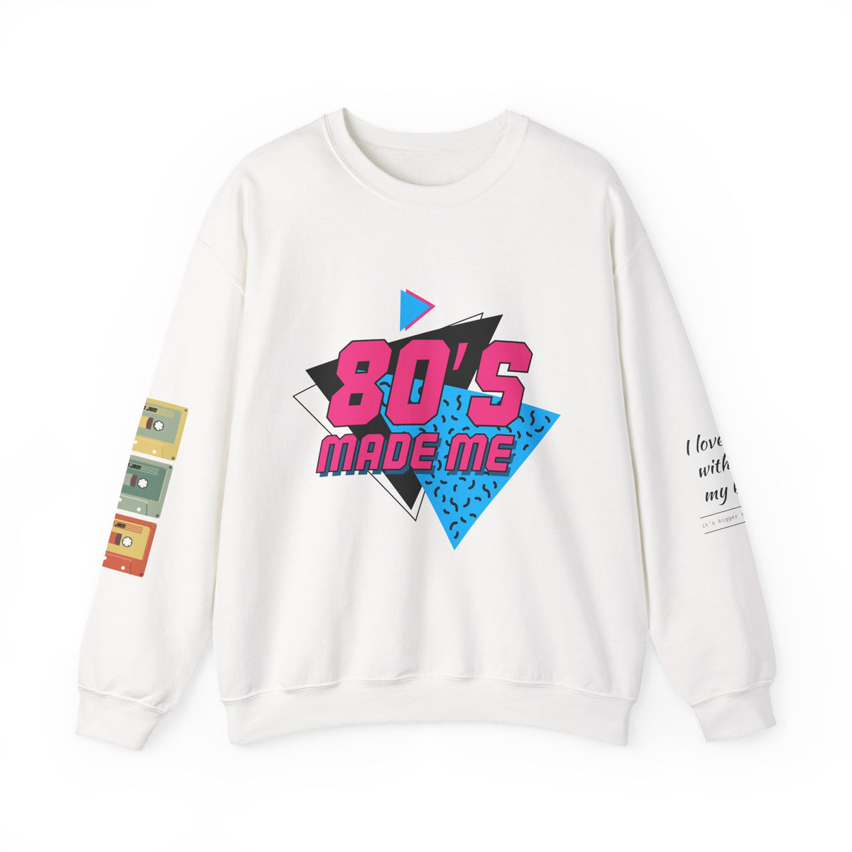 Crewneck Sweatshirt — 80’s Made Me Retro Graphic with Thank You Back & Cassette Sleeve Art på PC