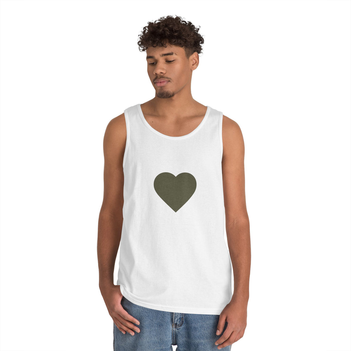 Minimal Olive Heart Tank Top - Simple Graphic Love Sleeveless Tee