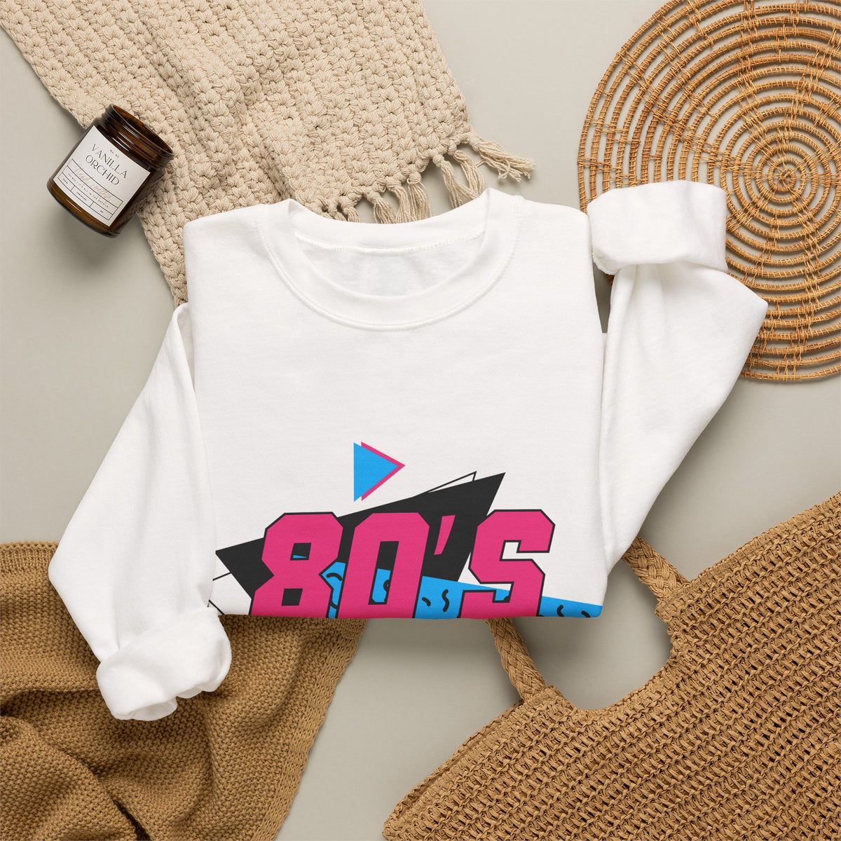 Crewneck Sweatshirt — 80’s Made Me Retro Graphic with Thank You Back & Cassette Sleeve Art på PC