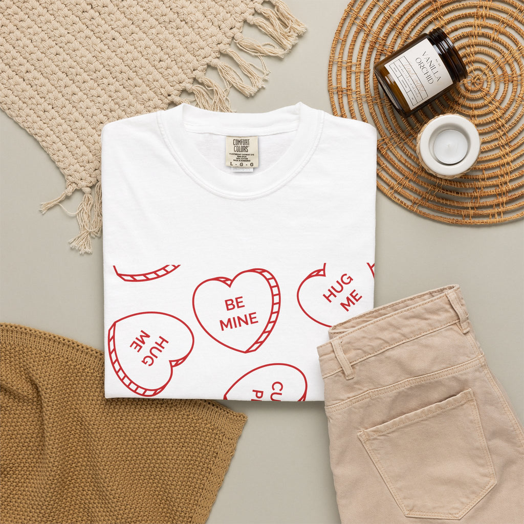 Conversation Heart Graphic T-Shirt — Red Candy Hearts “Be Mine / Miss You” Valentine Tee