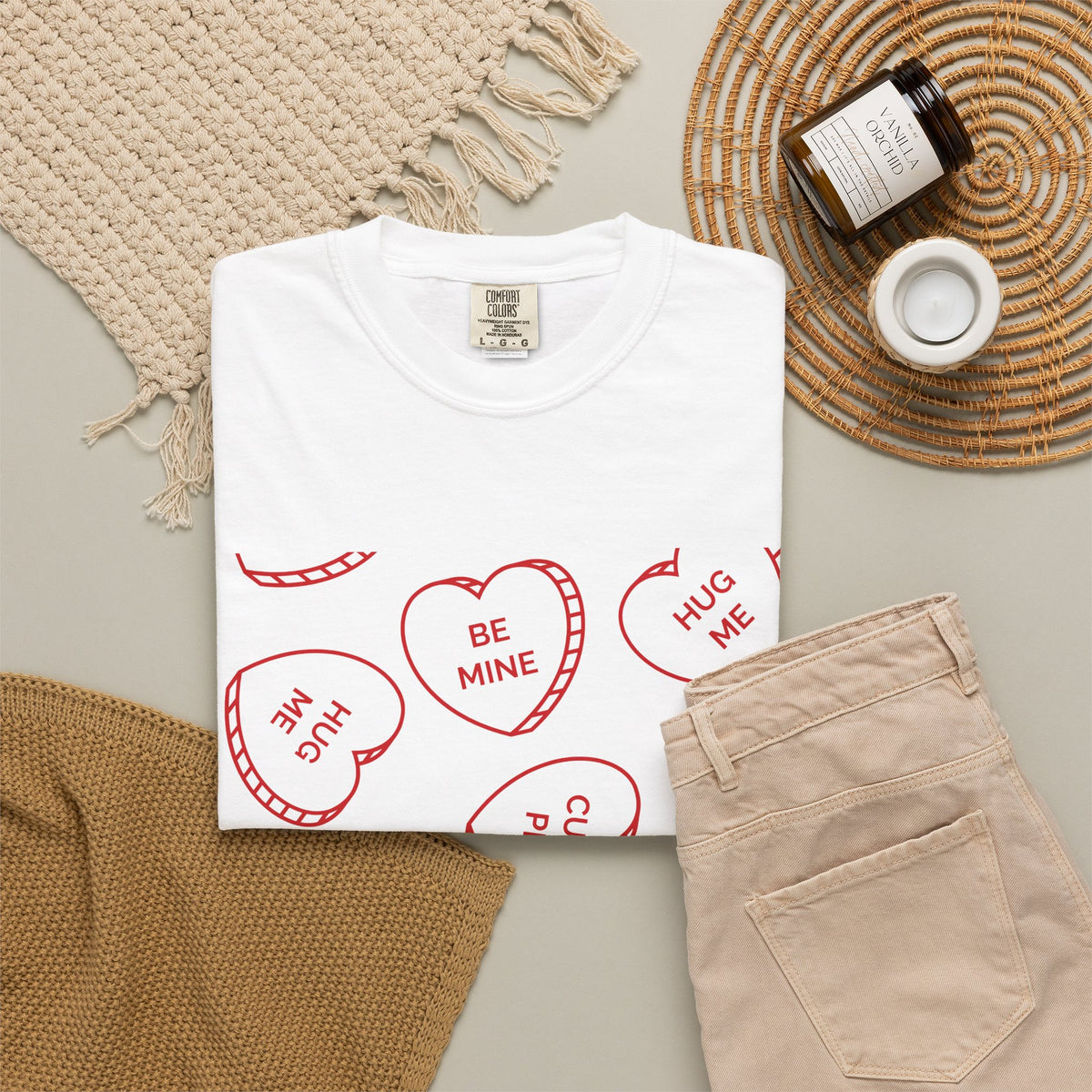 Conversation Heart Graphic T-Shirt — Red Candy Hearts “Be Mine / Miss You” Valentine Tee