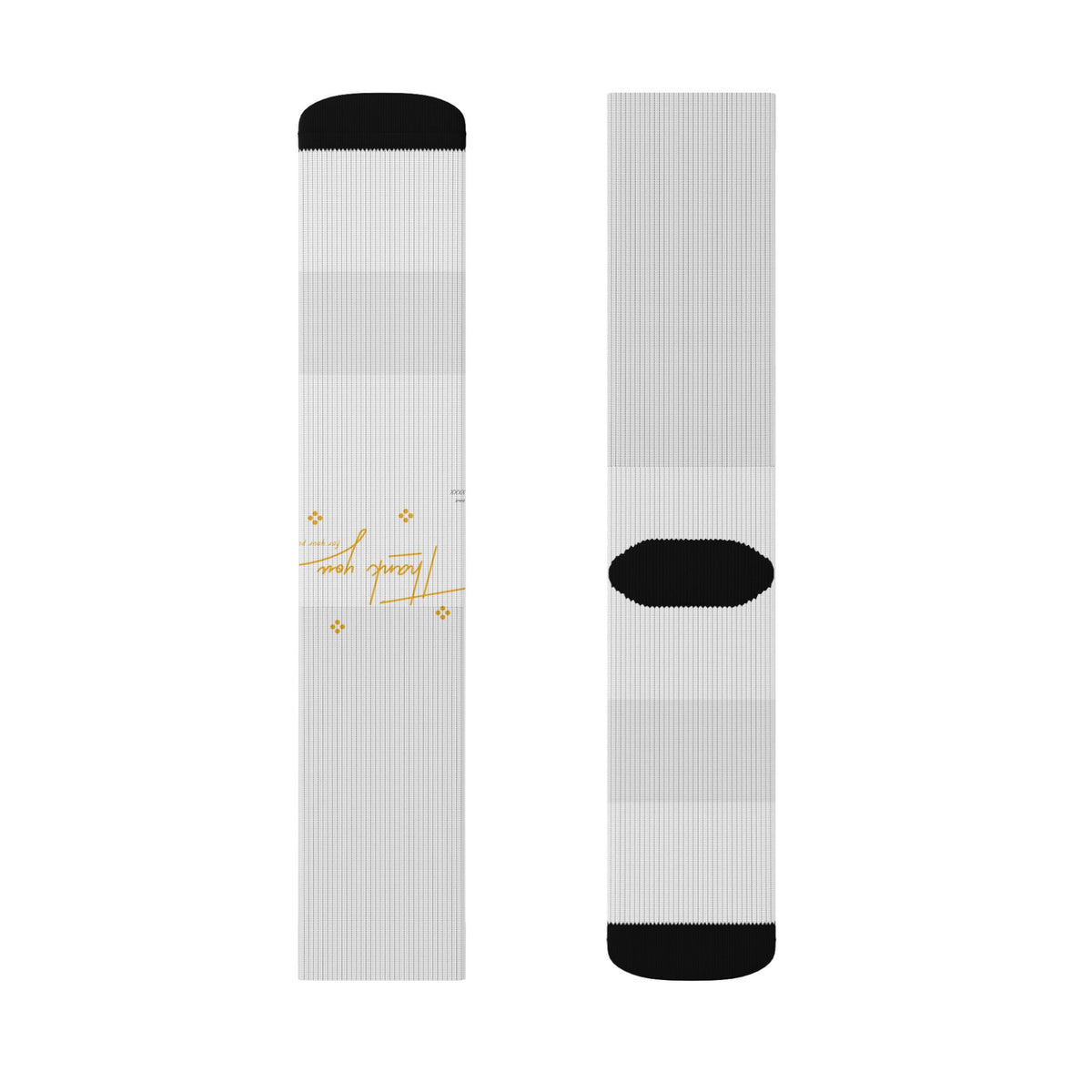 Gold Script Sublimation Socks — Custom White Crew Socks with Elegant Handwritten Accent