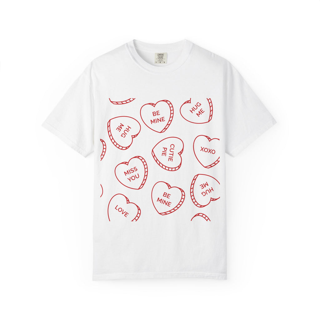 Conversation Heart Graphic T-Shirt — Red Candy Hearts “Be Mine / Miss You” Valentine Tee